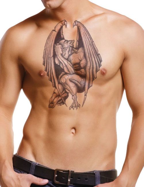 Unique Black Ink Gargoyle Tattoo On Man Chest