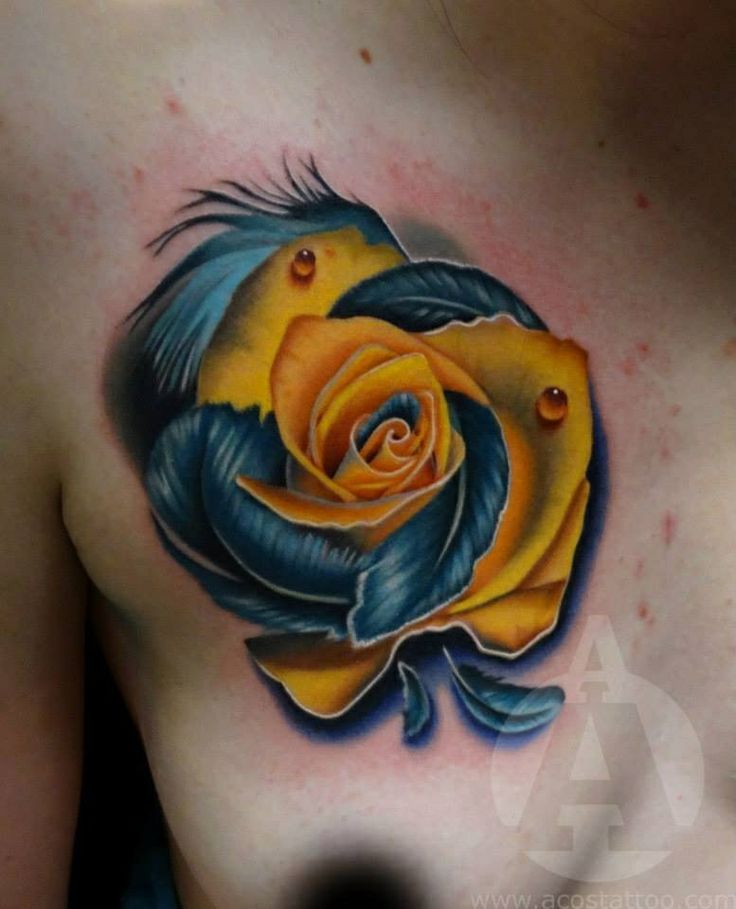 Unique Blue And Yellow Rose Tattoo On Chest