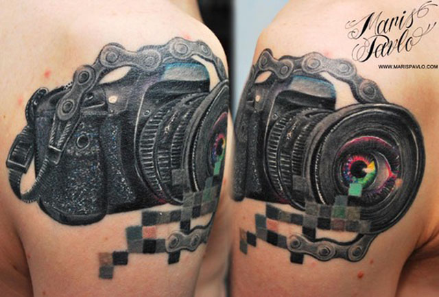 Unique Camera Tattoo On Shoulder By Maris Pavlo