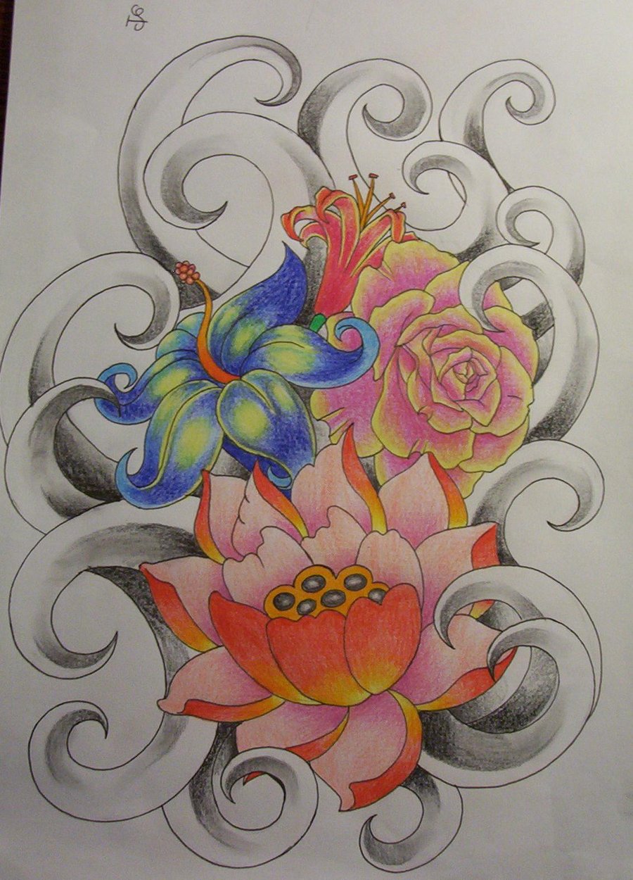 Unique Colorful Flowers Tattoo Design By Tattoosuzette
