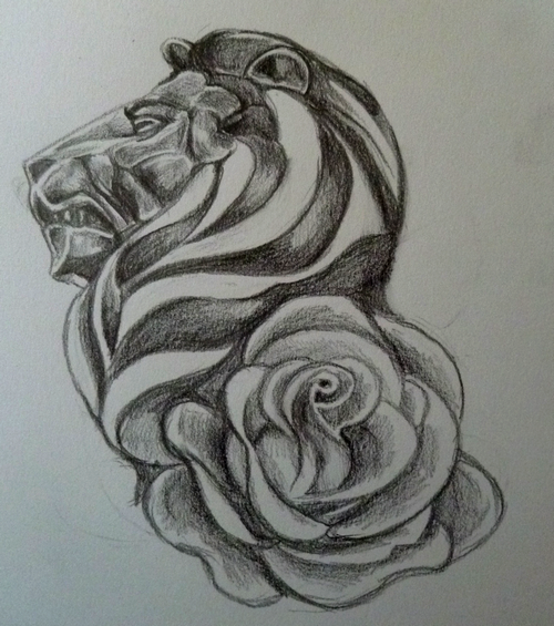 Unique Lion Head With Rose Flower Tattoo Design By Noah