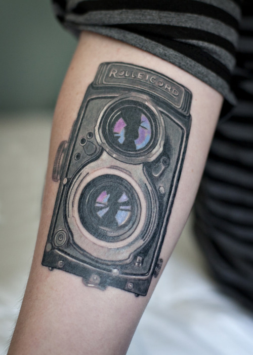 Unique Old Camera Tattoo Design For Forearm