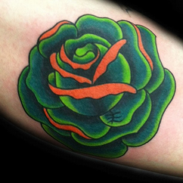 Unique Orange And Green Rose Tattoo Design For Forearm