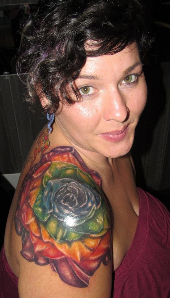 Unique Rainbow Rose Tattoo On Girl Right Shoulder