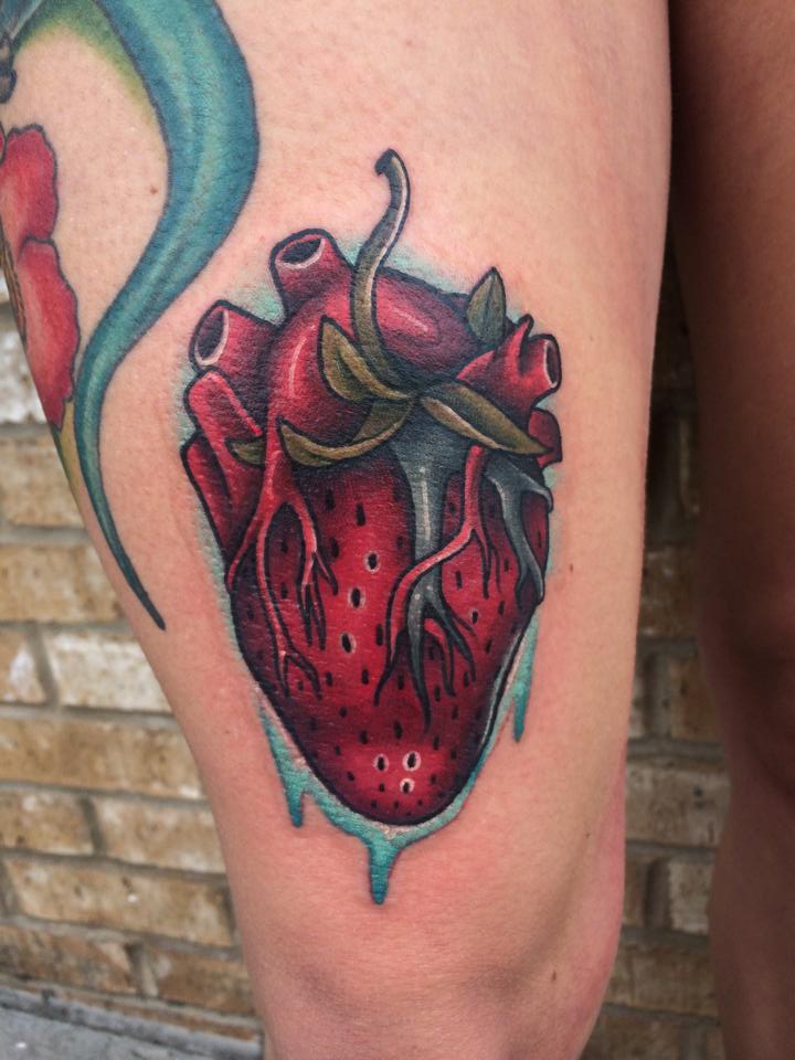 Unique Real Heart Strawberry Tattoo On Thigh By Cory Dax Cartwright