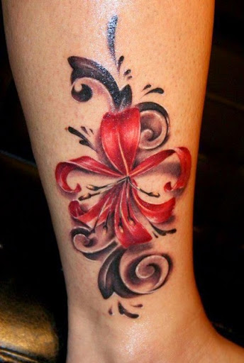 Unique Red Ink Flower Tattoo Design For Leg