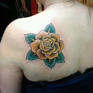 Unique Yellow Rose Tattoo On Girl Left Back Shoulder