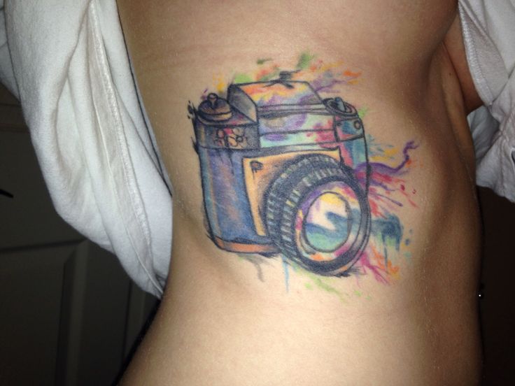 Watercolor Camera Tattoo On Side Rib