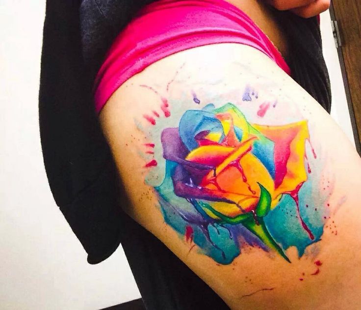 Watercolor Rainbow Rose Tattoo On Right Side Thigh