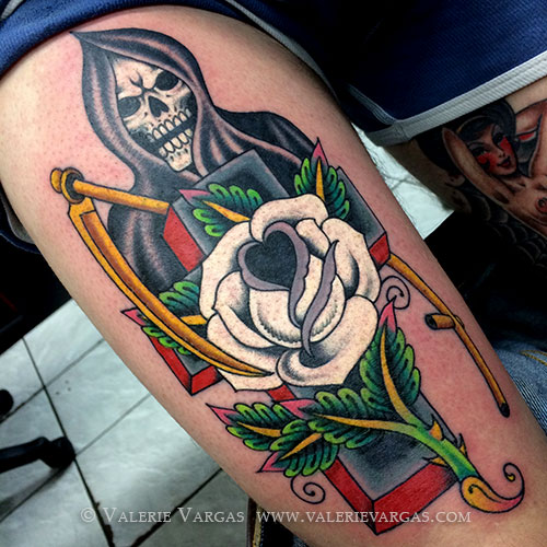 White Rose On Cross With Reaper Tattoo Design For Arm