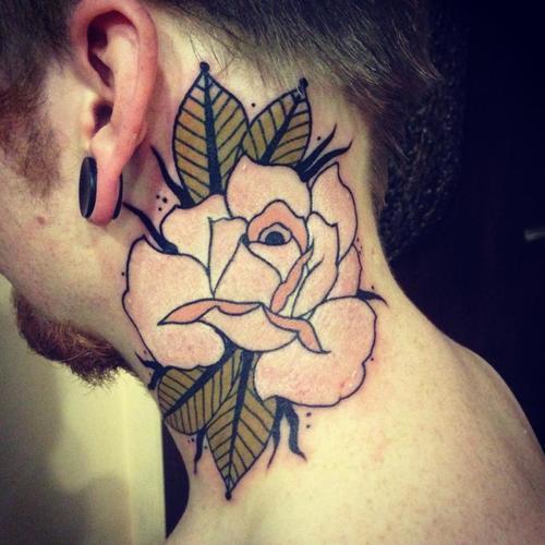White Rose With Leaves Tattoo On Man Side Neck