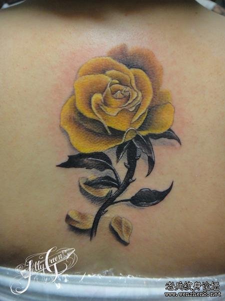 Yellow Rose With Black Leaves Tattoo Design For Upper Back