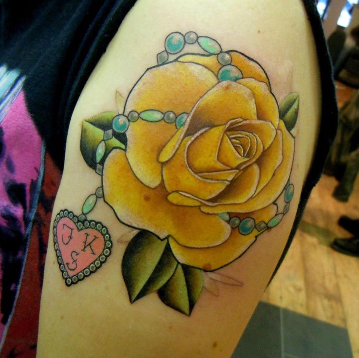 Yellow Rose With Heart Locket Tattoo On Left Shoulder