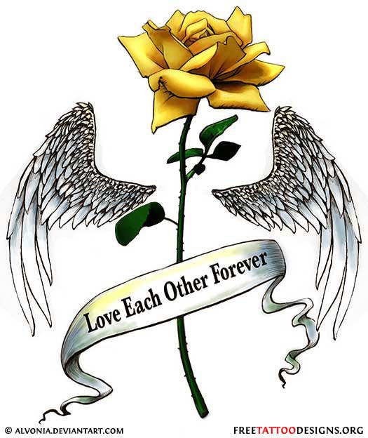 Yellow Rose With Wings And Banner Tattoo Design