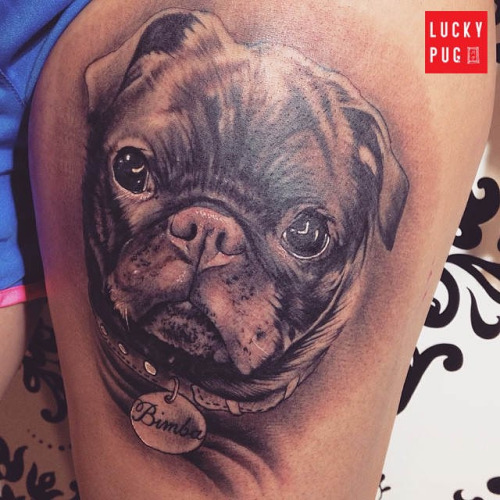 3D Black Ink Pug Dog Tattoo On Thigh