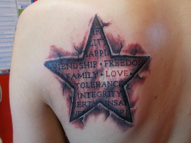 3D Star Tattoo On Left Back Shoulder