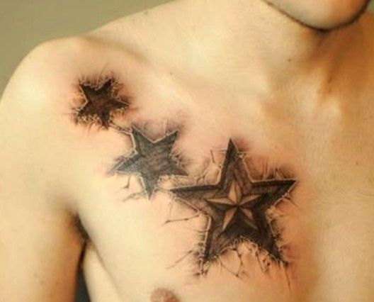 3D Star Tattoos On Guy Right Collarbone