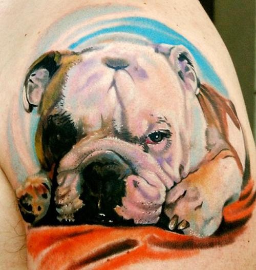 Amazing Bulldog Head Tattoo On Shoulder By Phil Garcia