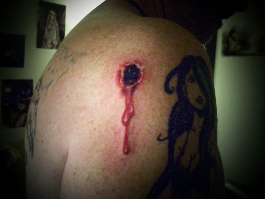 Amazing Bullet Hole Tattoo On Right Shoulder By Emily