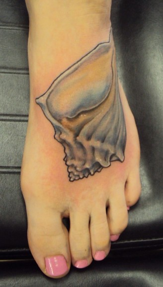 Amazing Conch Shell Tattoo On Girl Foot