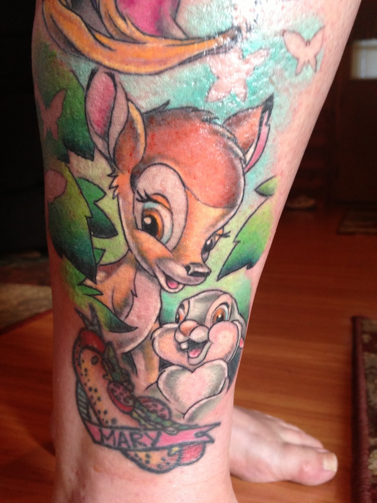 Amazing Disney Bambi With Rabbit Tattoo On Leg