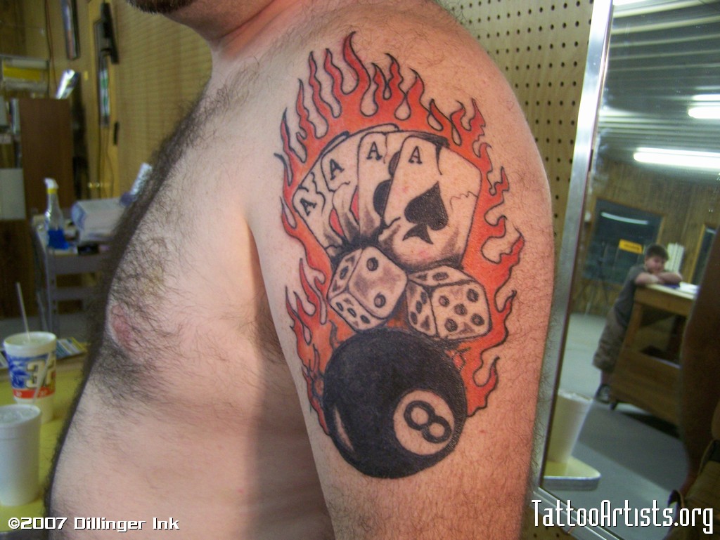 Amazing Eight Ball With Playing Cards And Dice Tattoo On Man Shoulder