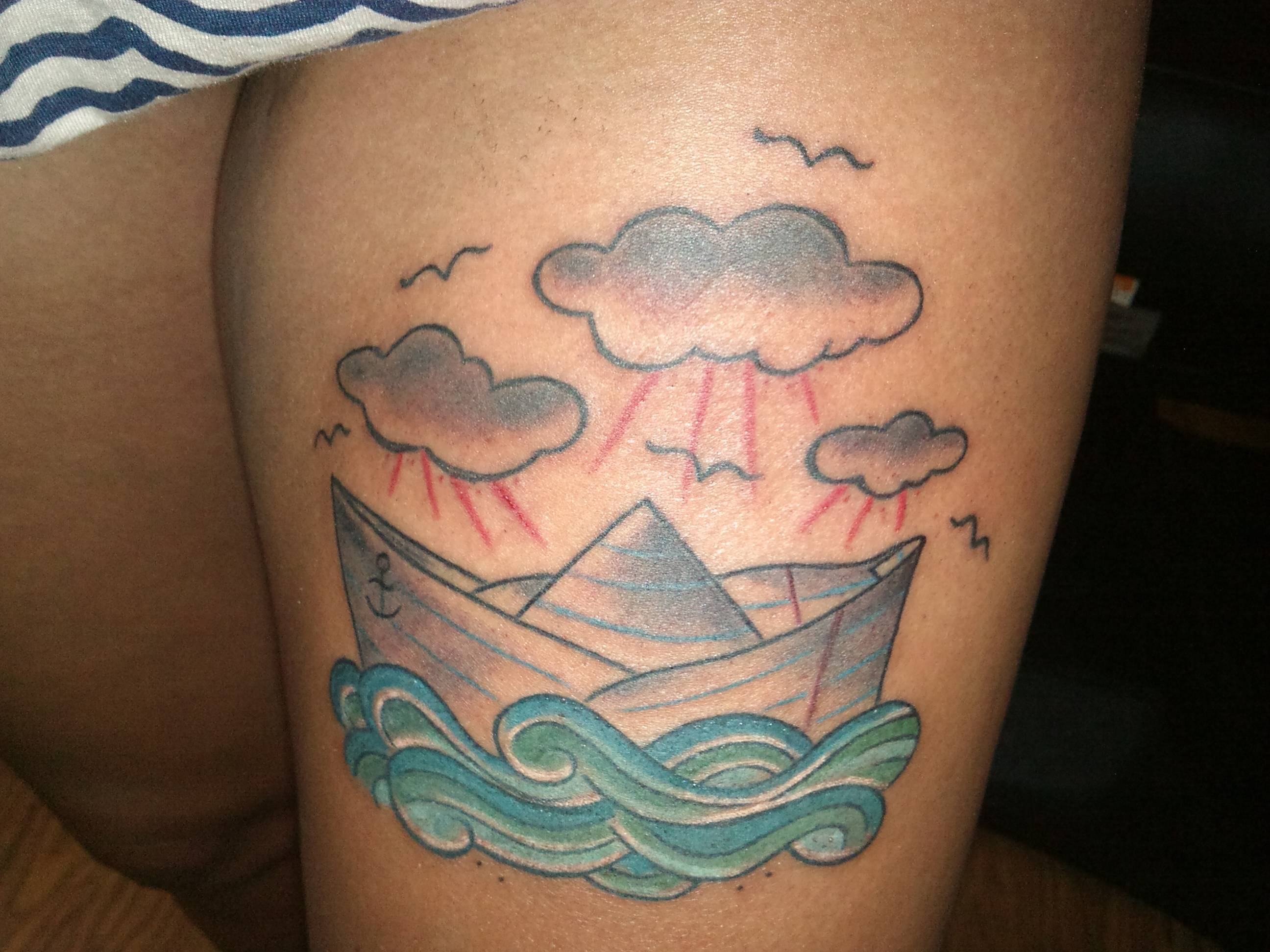 Amazing Paper Boat Tattoo On Thigh