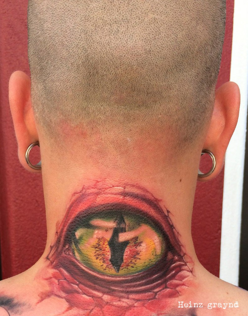 Amazing Ripped Skin Eye Tattoo On Man Back Neck By Graynd