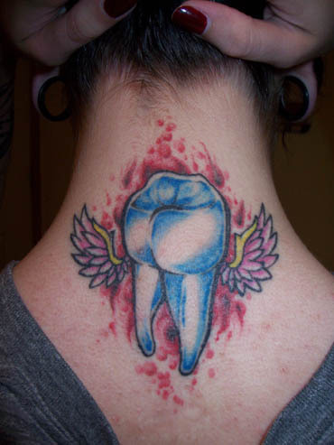 Amazing Teeth With Wings Tattoo On Girl Back Neck By Abby Stewart