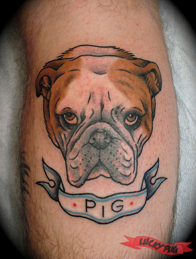 Awesome Bulldog Head With Banner Tattoo Design For Arm