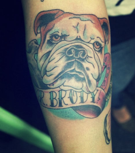 Awesome Bulldog Head With Banner Tattoo Design