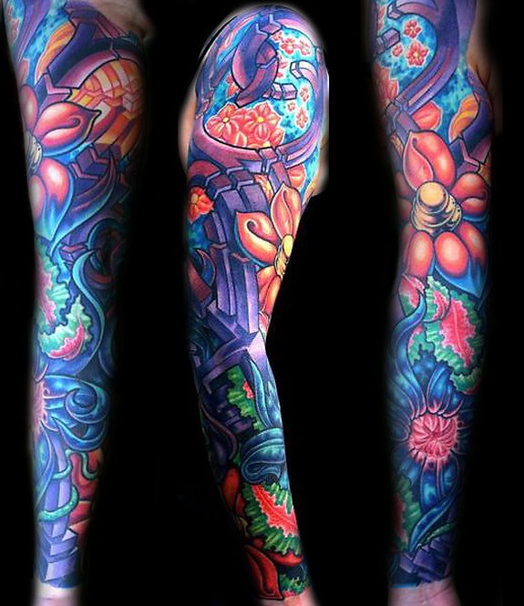 Awesome Colored Flowers Sleeve Tattoo Idea