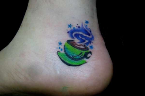 Awesome Colorful Coffee Cup Tattoo On Heel