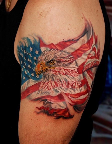 Awesome Eagle Head In USA Flag Tattoo On Left Half Sleeve