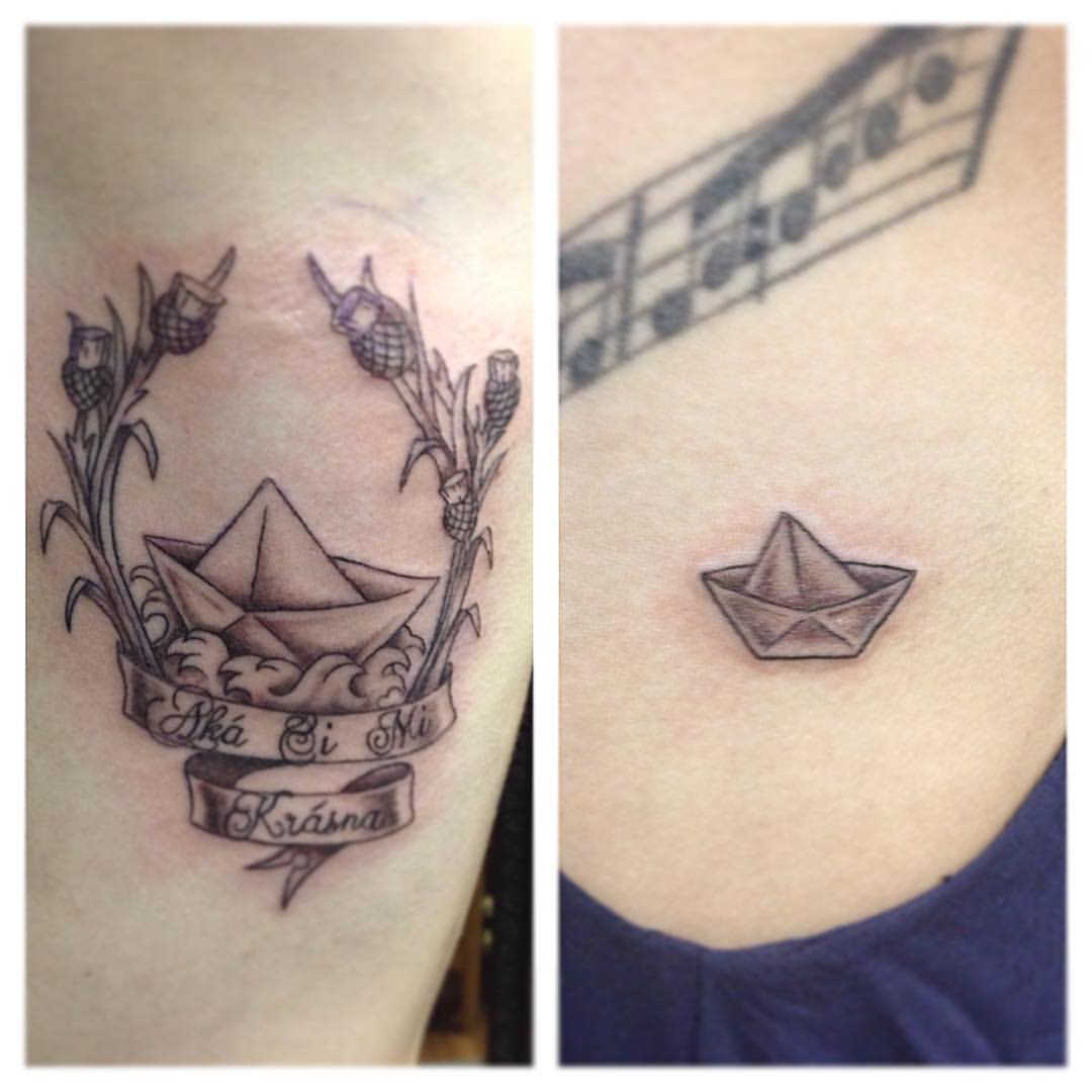 Awesome Paper Boat With Banner Tattoo Design