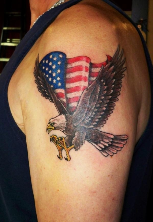 Awesome Patriotic USA Flag With Flying Eagle Tattoo On Left Shoulder