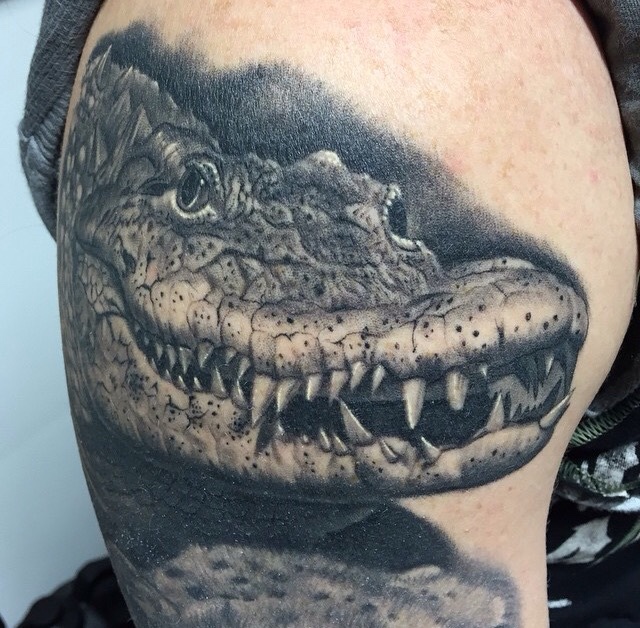 Black And Grey 3D Crocodile Head Tattoo On Shoulder By Bob Tyrrell