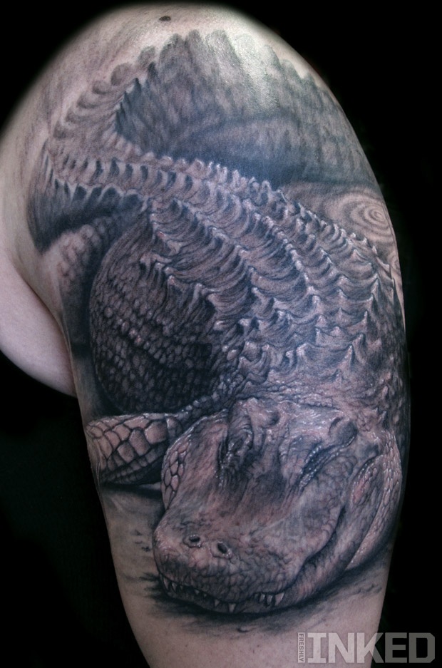 Black And Grey 3D Crocodile Tattoo On Shoulder By Stefano Alcantara