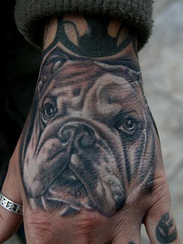 Black And Grey Bulldog Head Tattoo On Hand