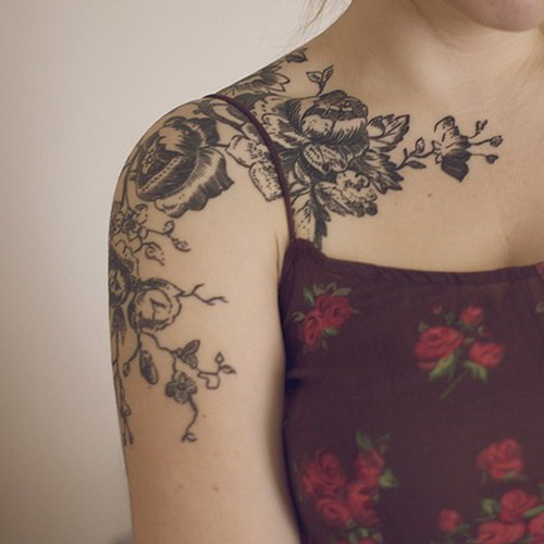 Black And Grey Flower Sleeve Tattoos