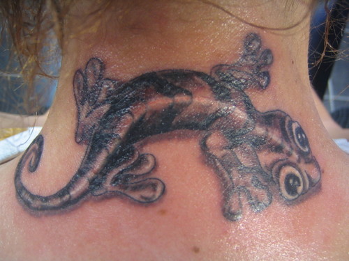 Black And Grey Gecko Tattoo On Back Neck