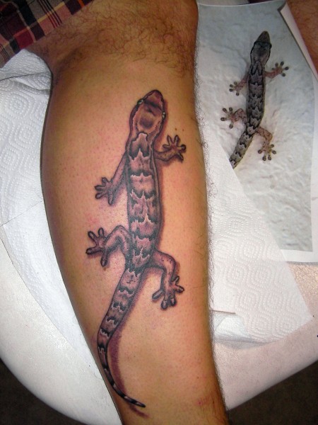 Black And Grey Gecko Tattoo On Leg Calf