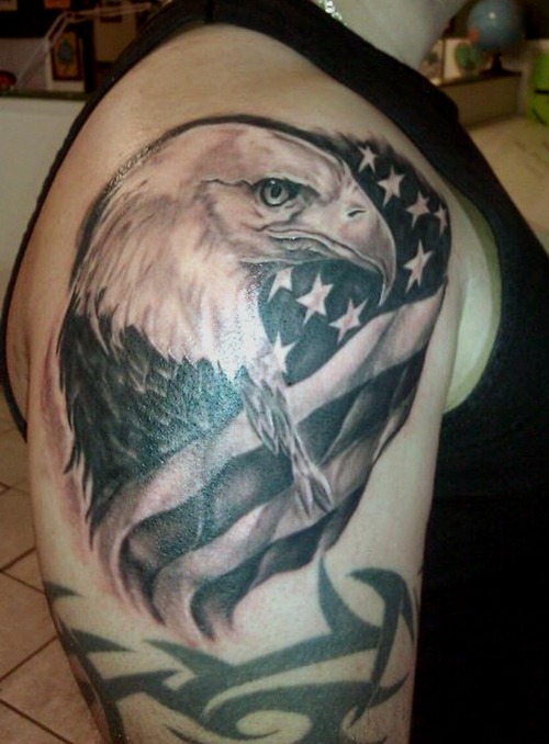 Black And Grey Patriotic Eagle Head With USA Flag Tattoo On Right Shoulder