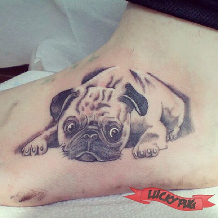 Black And Grey Pug Dog Tattoo On Foot