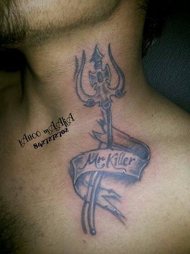 Black And Grey Trishul With Banner Tattoo On Neck