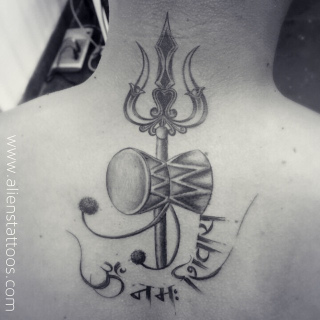 Black And Grey Trishul With Pellet Drum Tattoo On Upper Back