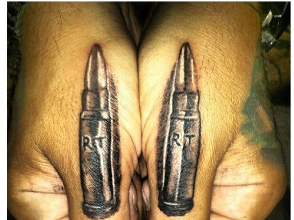 Black And Grey Two Bullets Tattoo On Both Hand