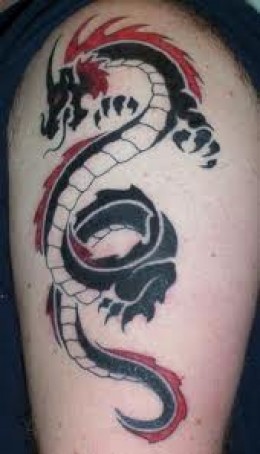 Black And Red Ink Dragon Tattoo On Half Sleeve
