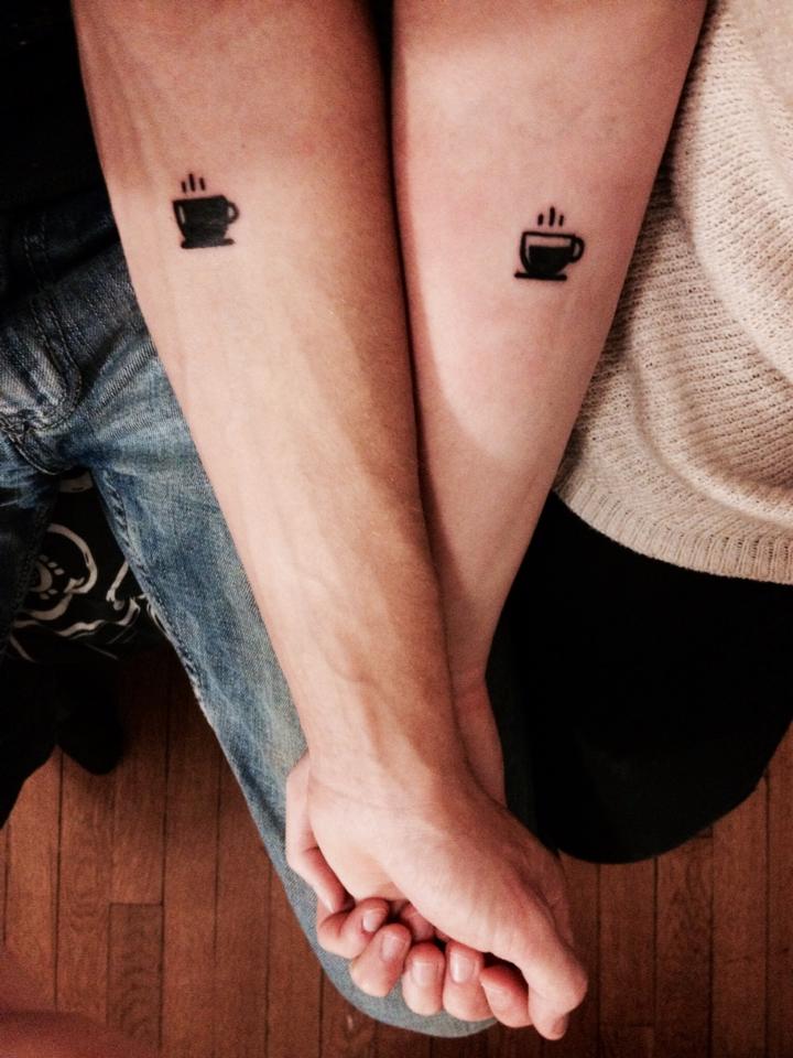 Black Coffee Cup Tattoo On Couple Forearm