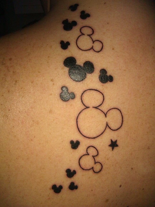 Black Disney Mickey Heads Tattoo On Right Back Shoulder
